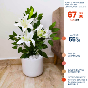 Composition de fleurs de lys artificielle avec pot en céramique blanc