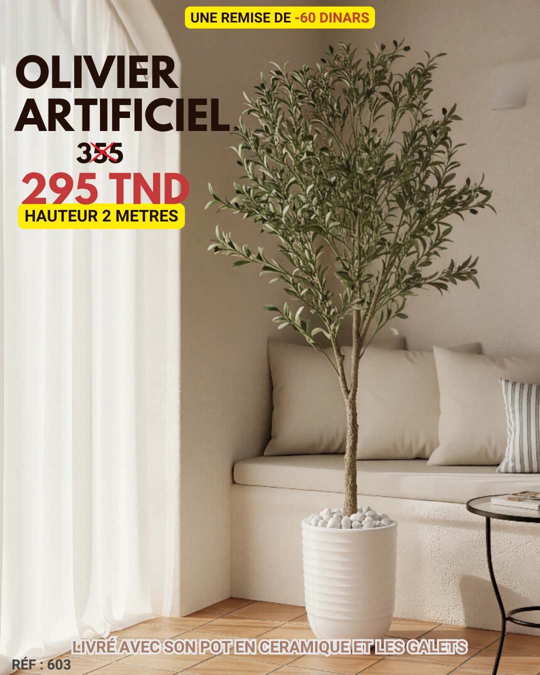 grand olivier artificiel 2m en pot ceramique blanc cannelé avec galets