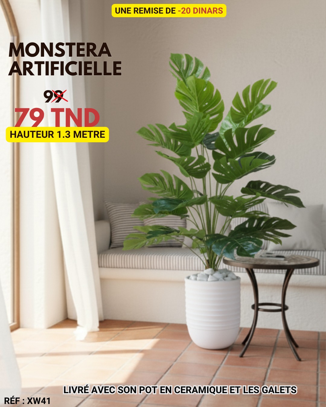 Monstera Artificielle 1,3 m – Une Plante Décorative Élégante avec pot en céramique