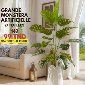 Plante artificielle Monstera 1,45 m avec pot blanc et galets – décoration intérieure Tunisie