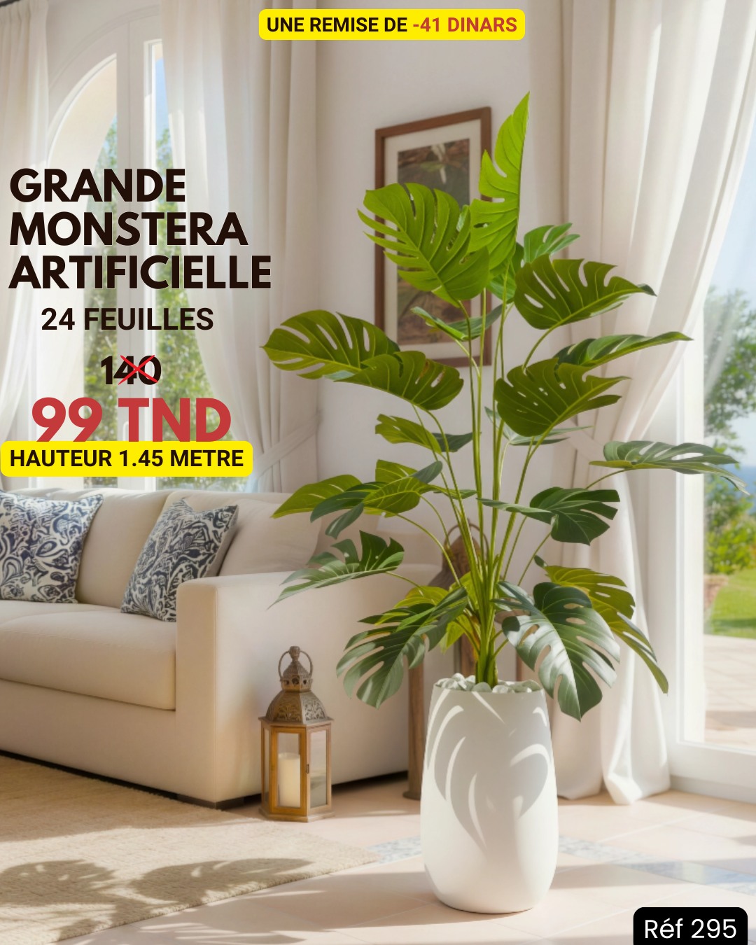 Plante artificielle Monstera 1,45 m avec pot blanc et galets – décoration intérieure Tunisie