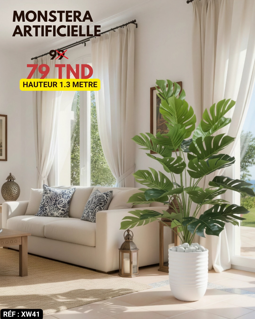 Plante artificielle Monstera 1,3 m dans un pot blanc décoratif, idéale pour la décoration intérieure