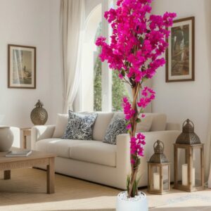 Bougainvillier artificiel hauteur 2,10 mètres avec pot en céramique blanc