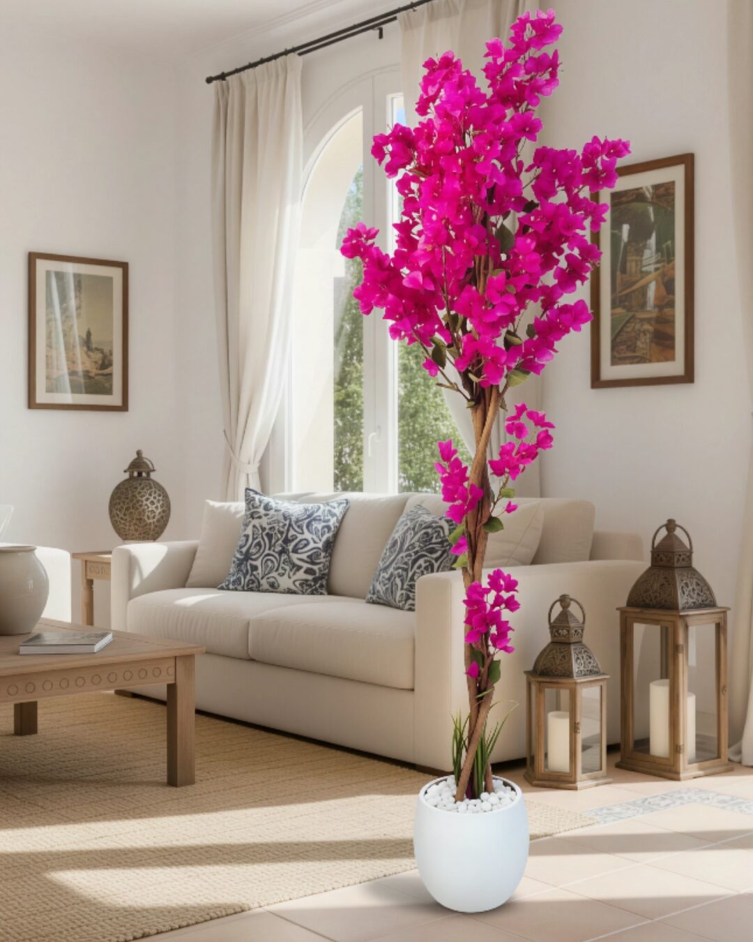 Bougainvillier artificiel hauteur 2,10 mètres avec pot en céramique blanc