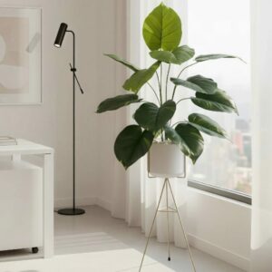 Alocasia artificielle tunisie 125cm avec pot céramique blanche et support métal.