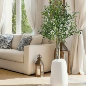 Olivier artificiel avec tronc naturel et pot en céramique, hauteur 1,45 m, décoration intérieure élégante