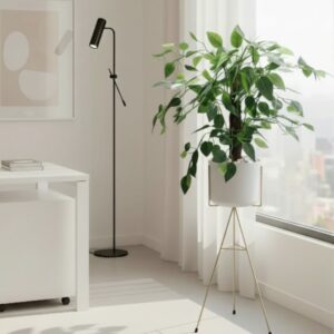 Ficus artificiel pas cher Tunisie de 1m25 avec pot en céramique blanche et support trépied doré.