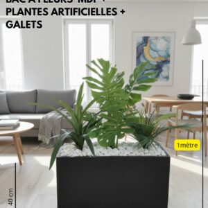 Jardinière moderne en MDF noir avec plantes artificielles tropicales et galets blancs, hauteur 1 mètre, largeur 65cm