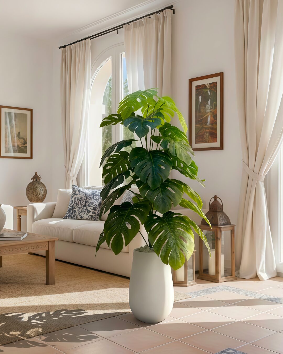 Monstera artificielle de 1.45m dans un pot blanc - Décoration intérieure plante verte