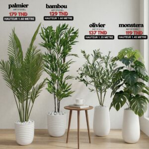 Composition de 4 plantes artificielles réalistes (Palmier, Bambou, Olivier, Monstera) dans des pots blancs