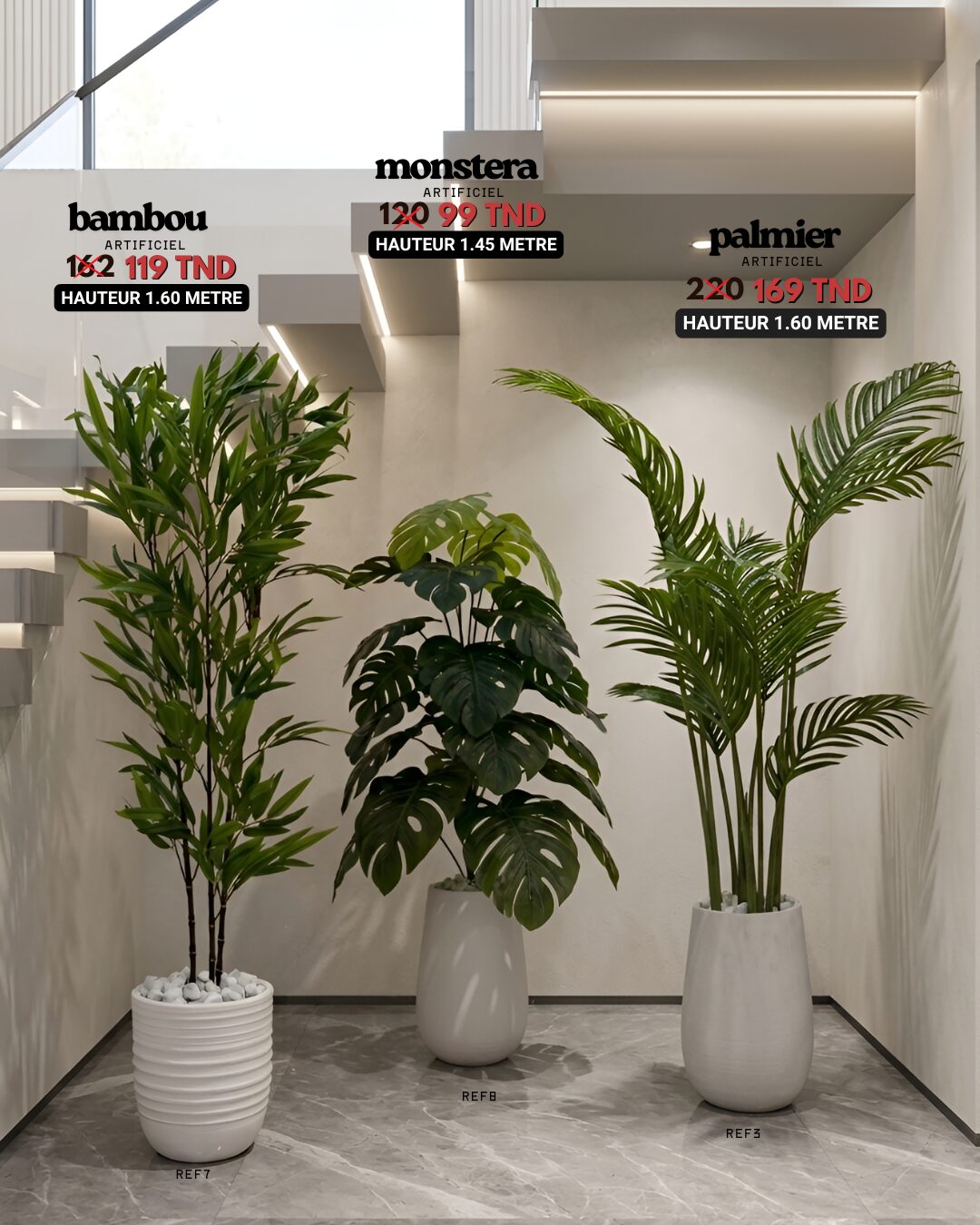 Pack de 3 plantes artificielles avec pots blancs pour décoration sous escalier : Bambou, Monstera et Palmier - Livraison gratuite Tunisie
