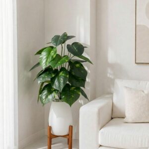 Une plante verte artificielle de type pothos ou monstera dans un grand pot blanc, surélevé par un support en bois, placée dans le coin d'un salon lumineux à côté d'un canapé blanc.