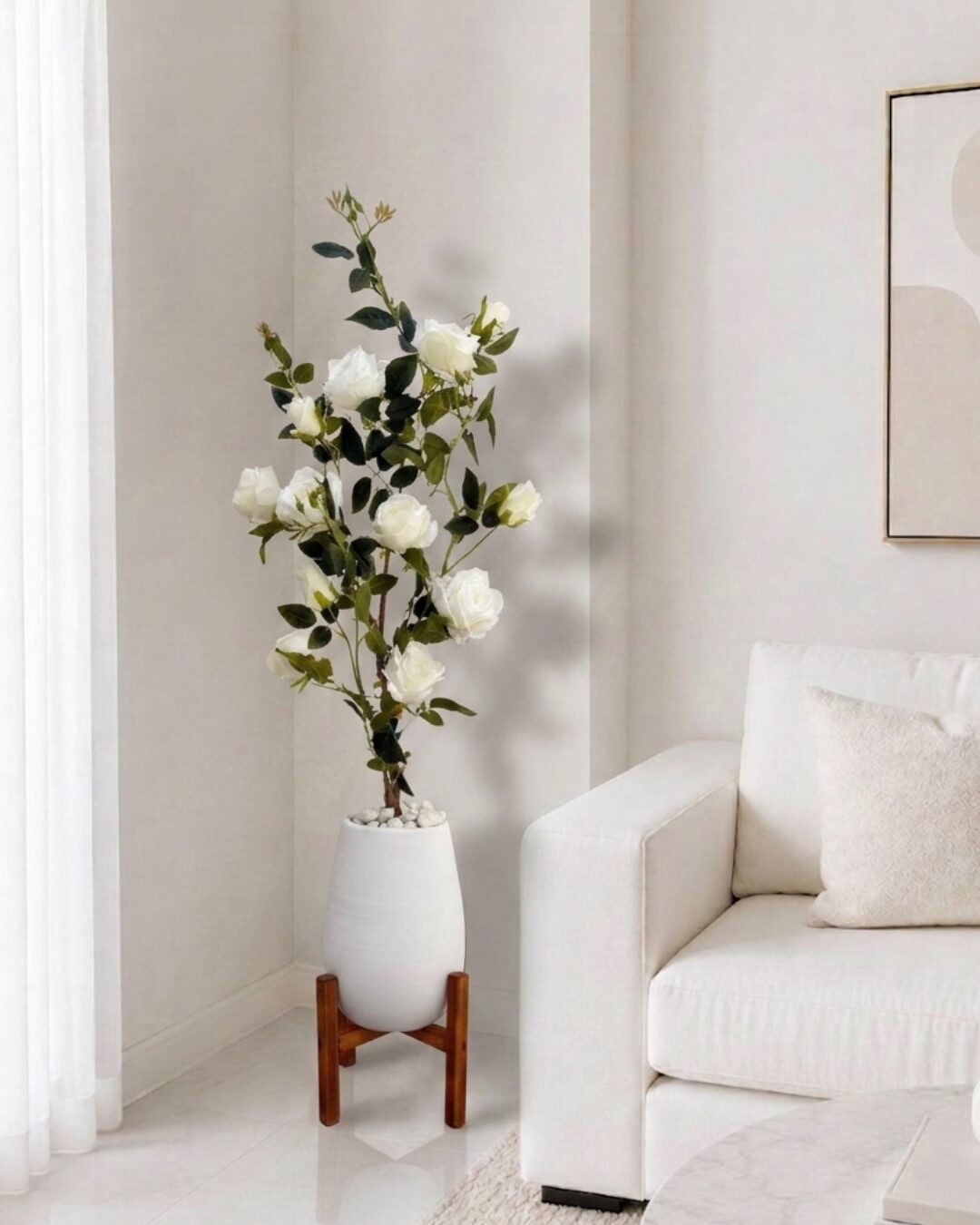 Rosier Blanc Artificiel sur Support en Bois